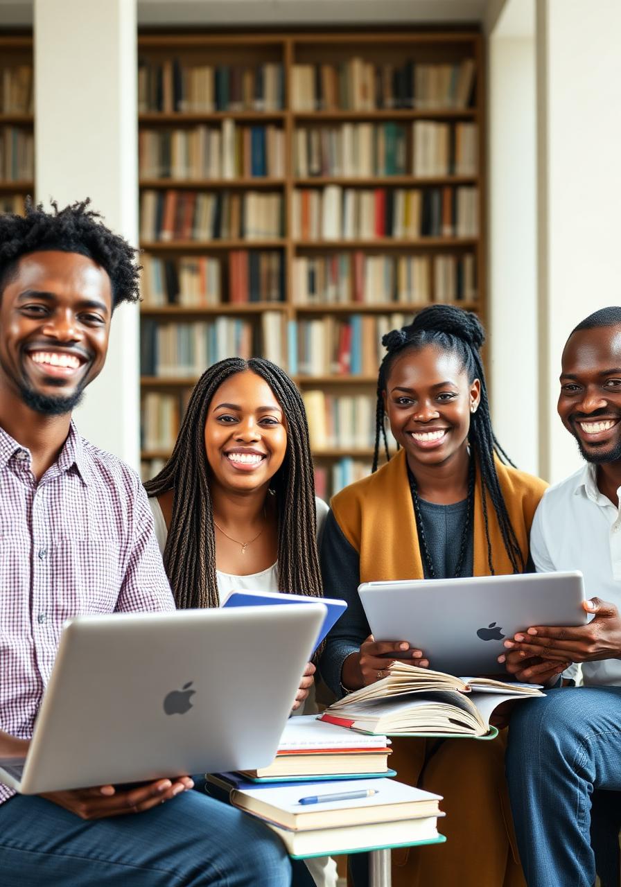 African students studying together with laptops in a library